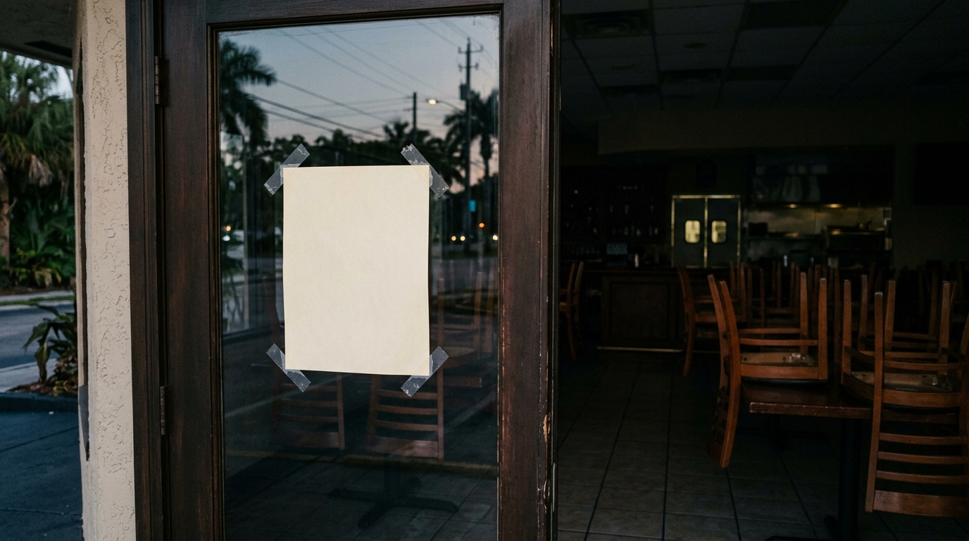 A notice taped to the door of a closed restaurant