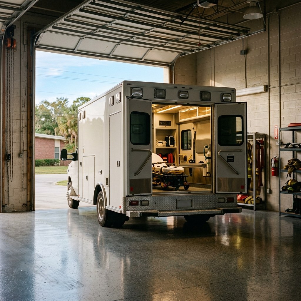 Ambulance in an apparatus bay