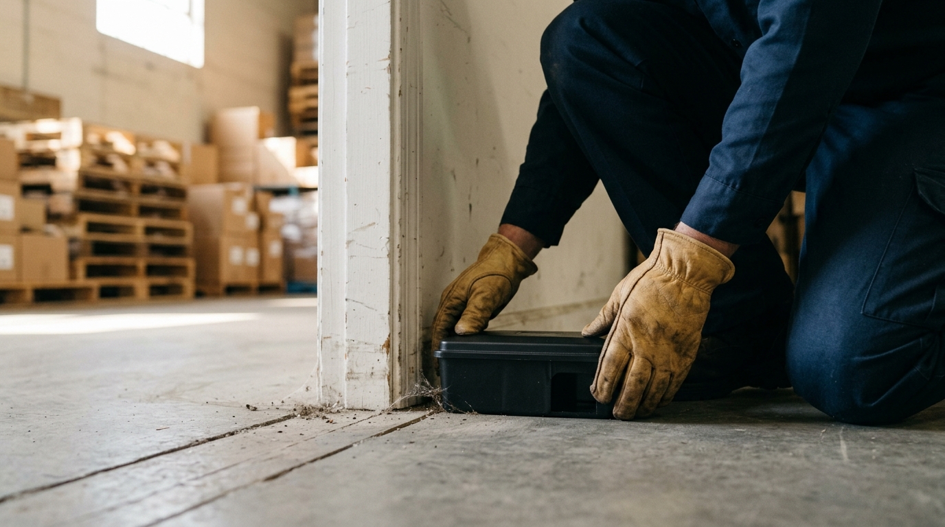 Technician placing a monitoring station along a warehouse wall