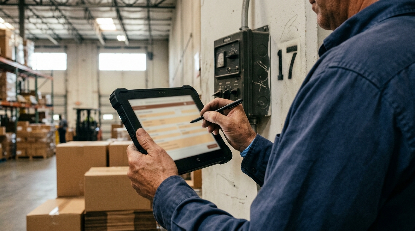 Technician logging a device reading on a rugged tablet